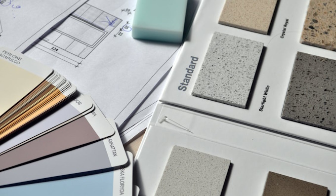 Kitchen design plans with colour and worktop samples